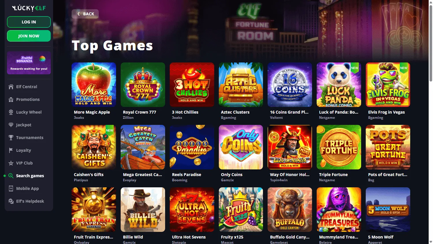 Luckyelf Casino games interface on desktop