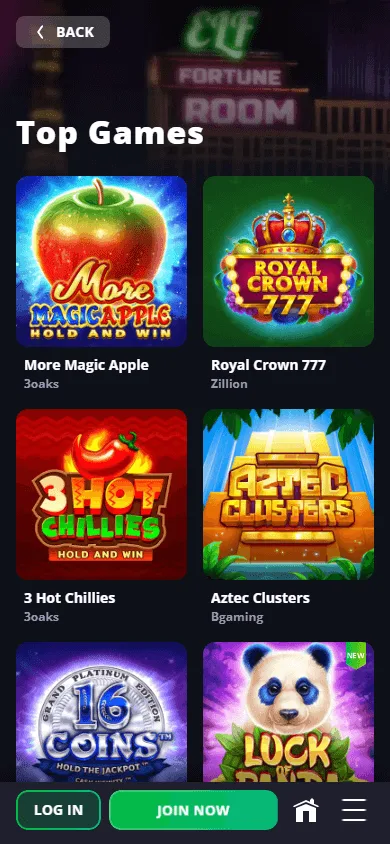 Luckyelf Casino games interface on a mobile device