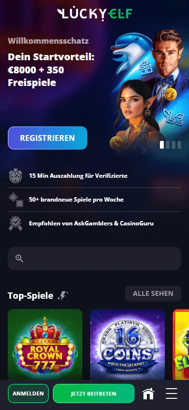 Luckyelf Casino home interface on a mobile device