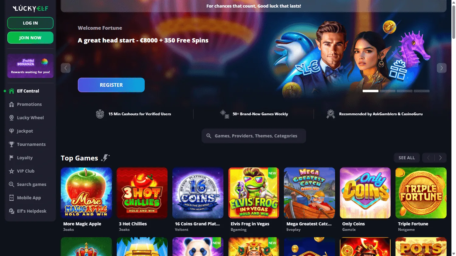 Luckyelf Casino home interface on desktop