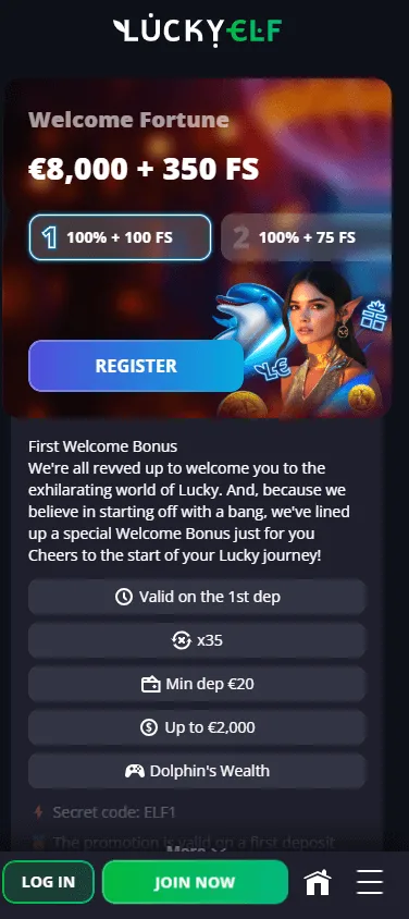 Luckyelf Casino promotions interface on a mobile device