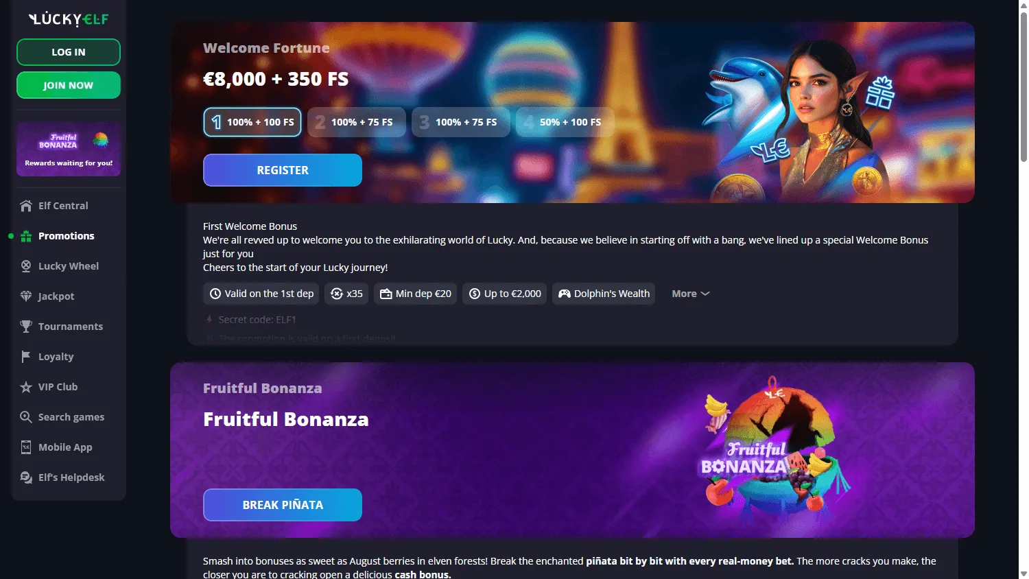 Luckyelf Casino promotions interface on desktop